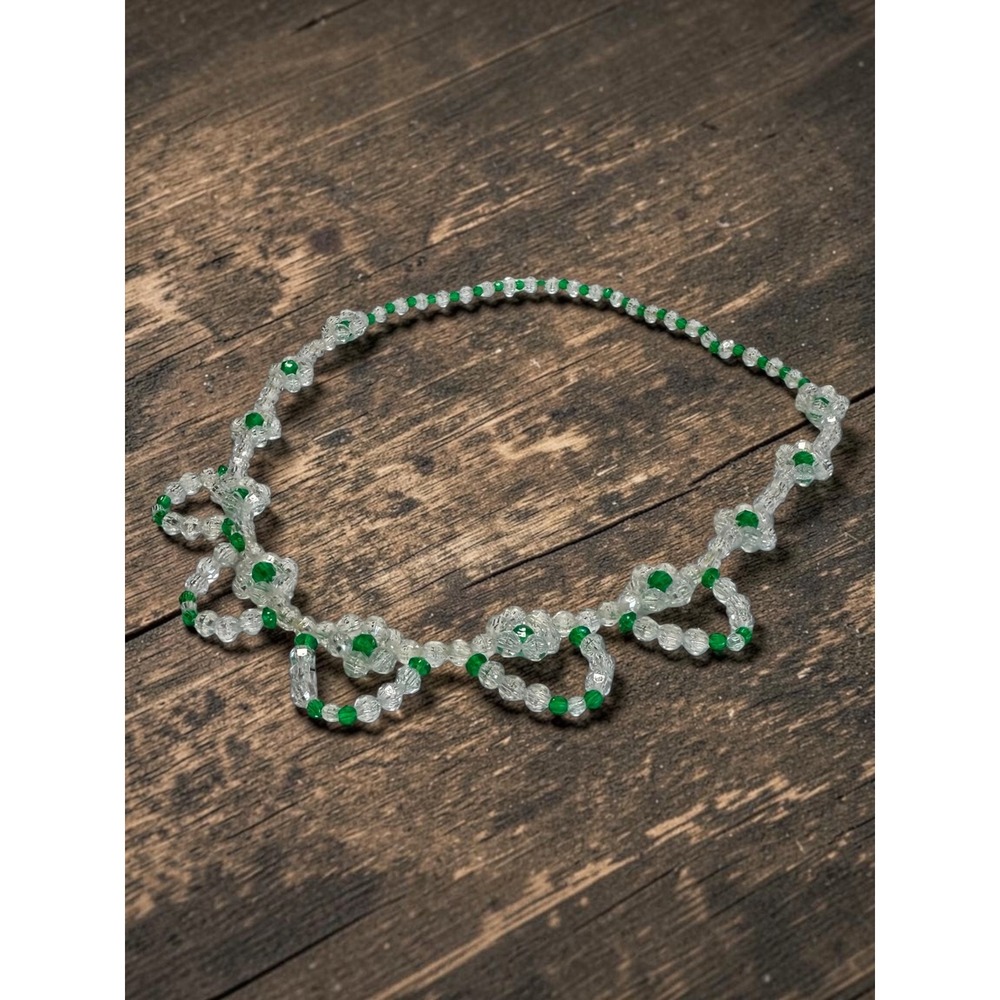 Beaded Floral Festoon Necklace 26" Green Clear Beaded